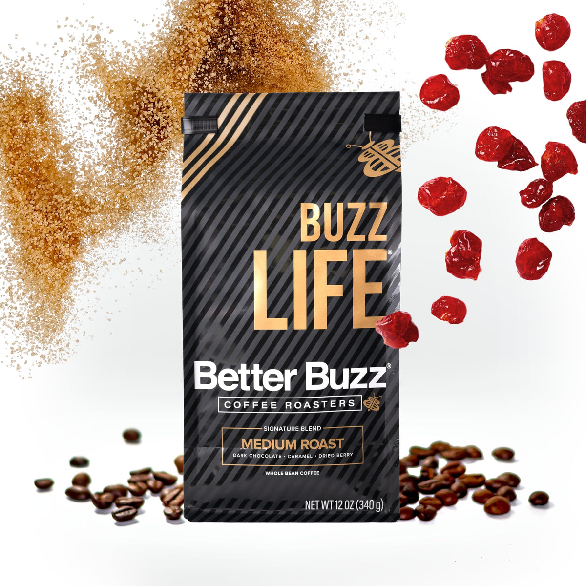 Better Buzz Life whole bean coffee 12oz bag with rich aroma and medium roast