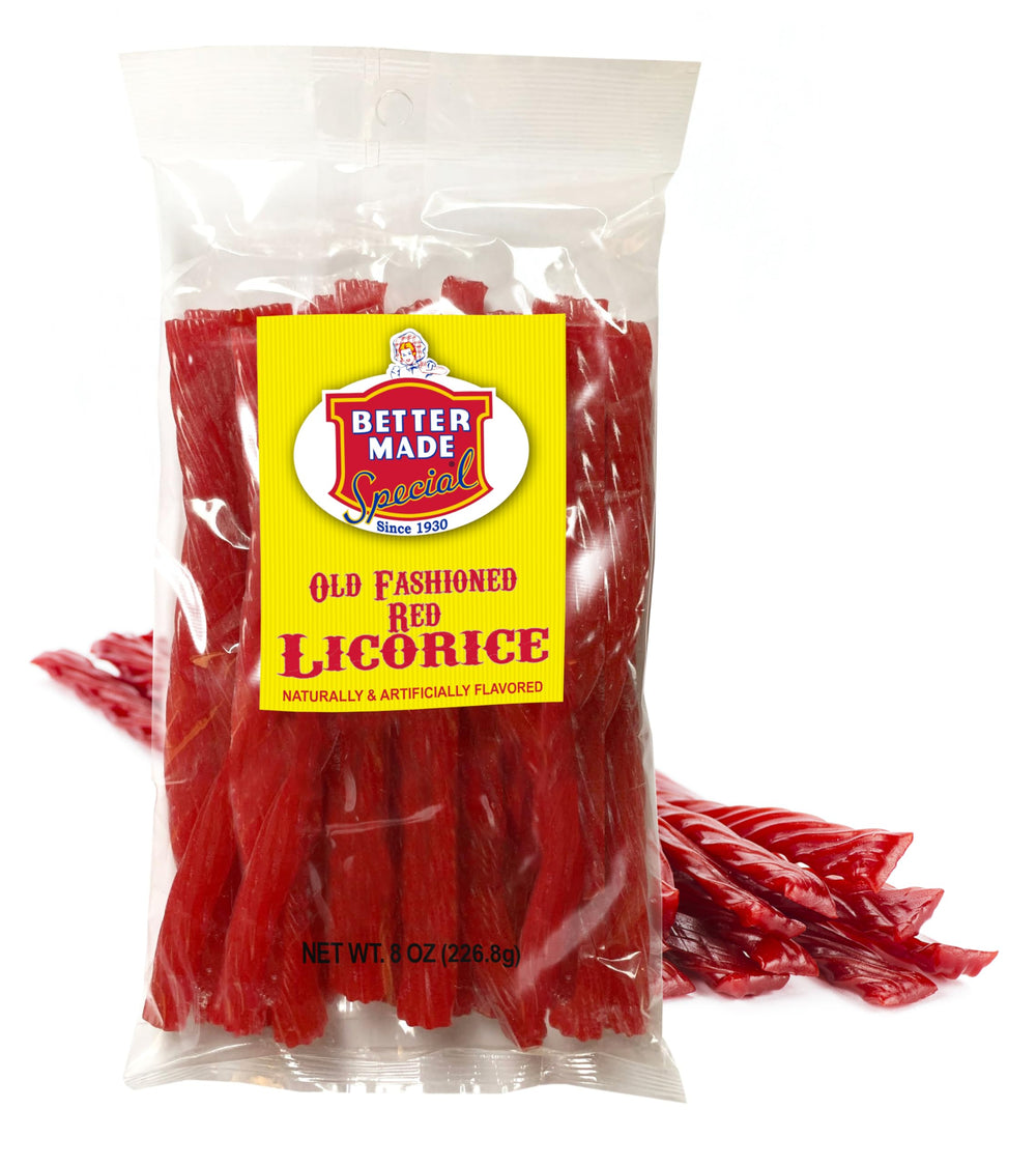 Better Made Old Fashion Licorice 8oz bag, classic red flavor for nostalgic snacking.