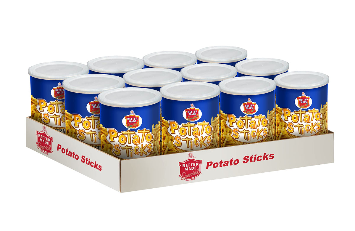 Better Made Potato Sticks canister open, a crunchy snack ready to serve.