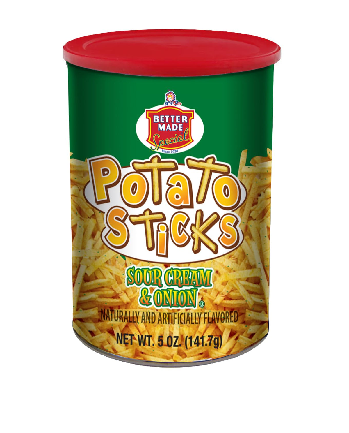Better Made Potato Sticks packshot with Sour Cream & Onion, ideal for savory snacking.