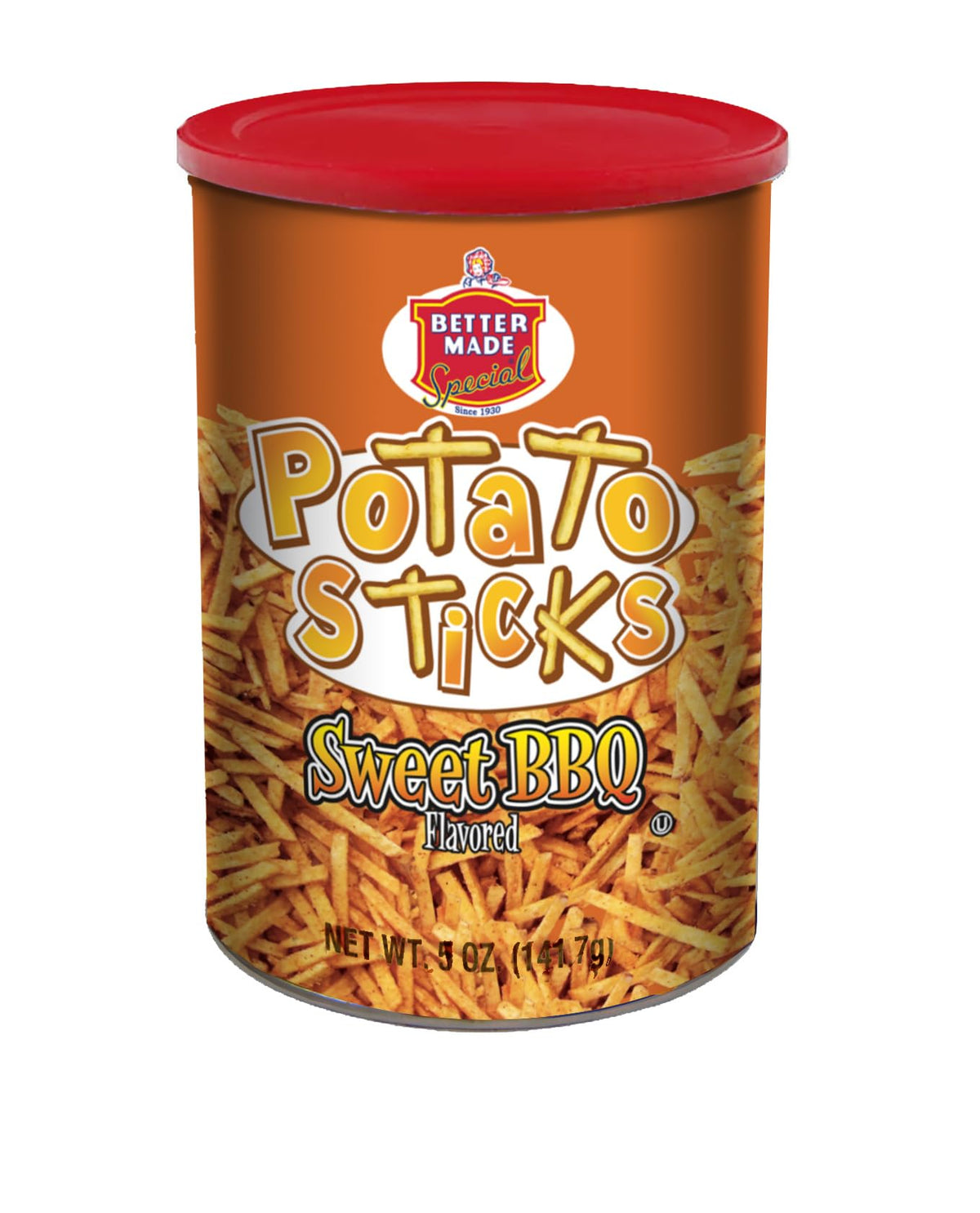 Better Made Potato Sticks Sweet BBQ canister front view, snack-ready.