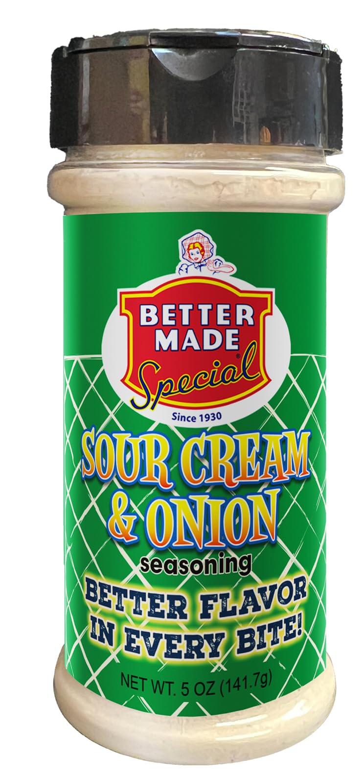Better Made Sour Cream and Onion seasoning bottle close-up for savory finish.