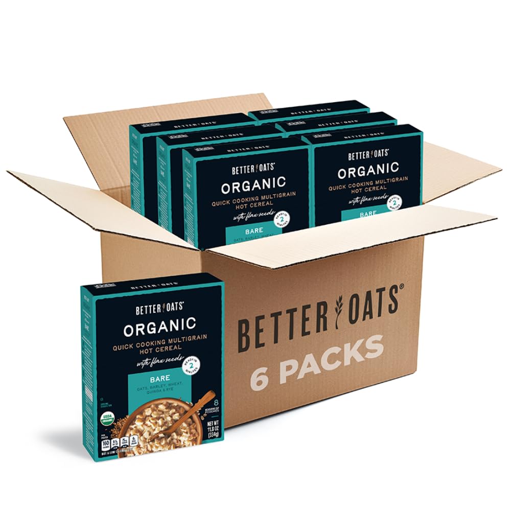 Better Oats Bare Organic Multigrain Hot Cereal box front shows eight pouches for quick mornings