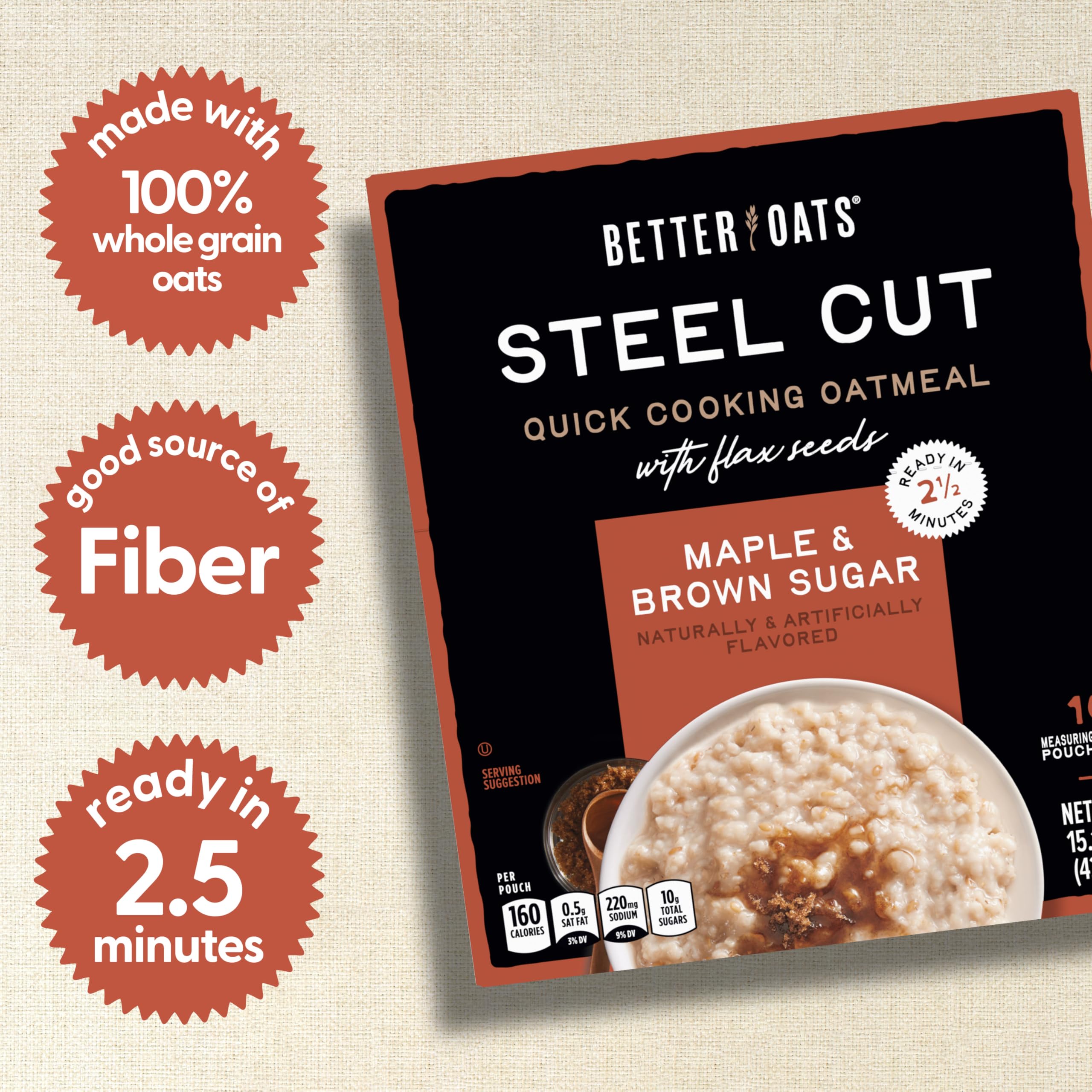 Maple and brown sugar flavor close-up on Better Oats packet with flax seeds.