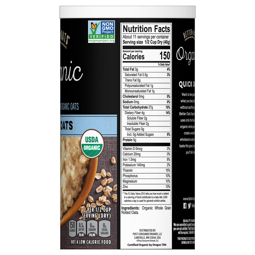 Closeup of the Better Oats Organic Quick Oats label with USDA Organic.