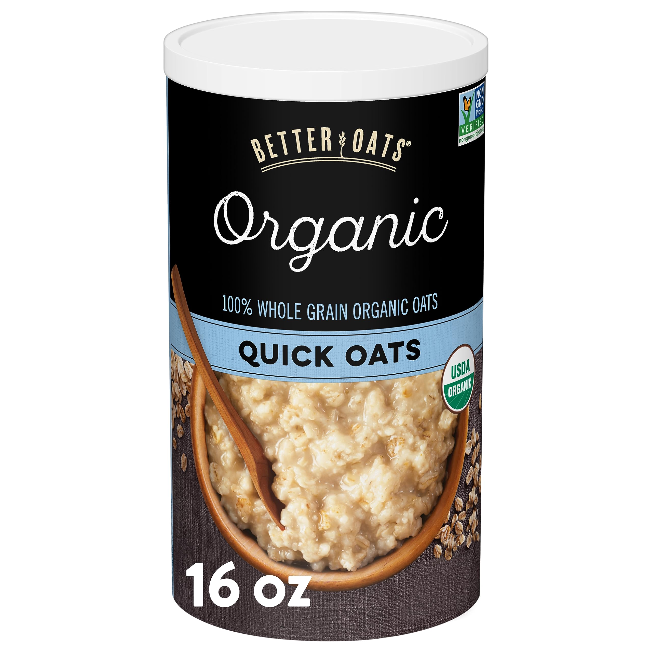 Better Oats Organic Quick Oats tub front with resealable lid for convenient mornings.