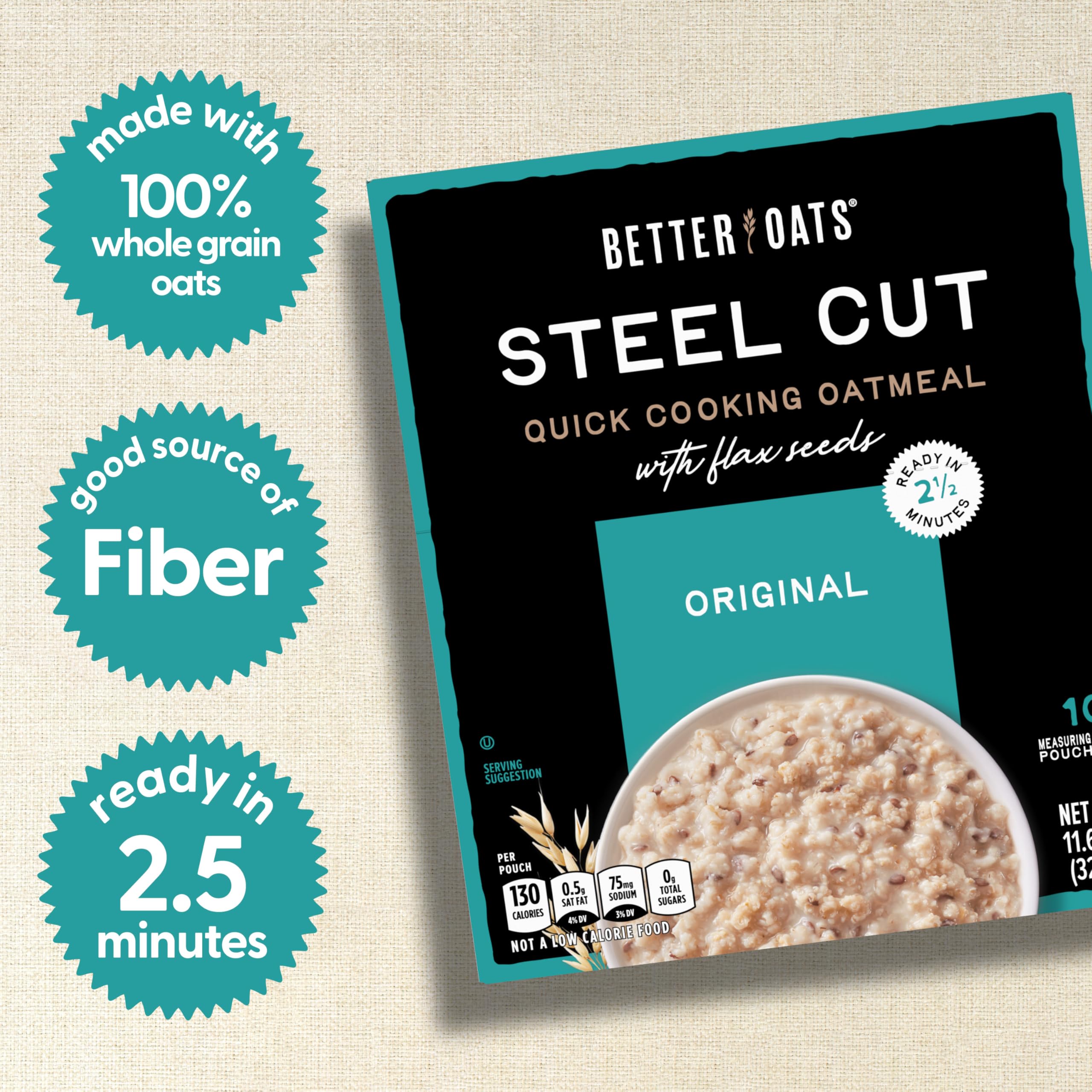 Better Oats steel cut oatmeal packets neatly arranged for easy morning prep.