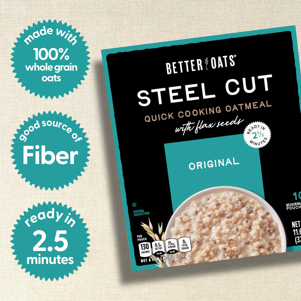 Better Oats steel cut oatmeal packets neatly arranged for easy morning prep.