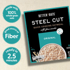 Better Oats steel cut oatmeal packets neatly arranged for easy morning prep.