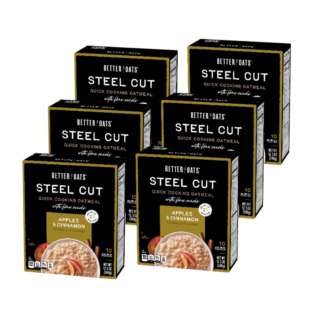 Better Oats steel-cut apples and cinnamon packets, box display for quick, hearty breakfasts.