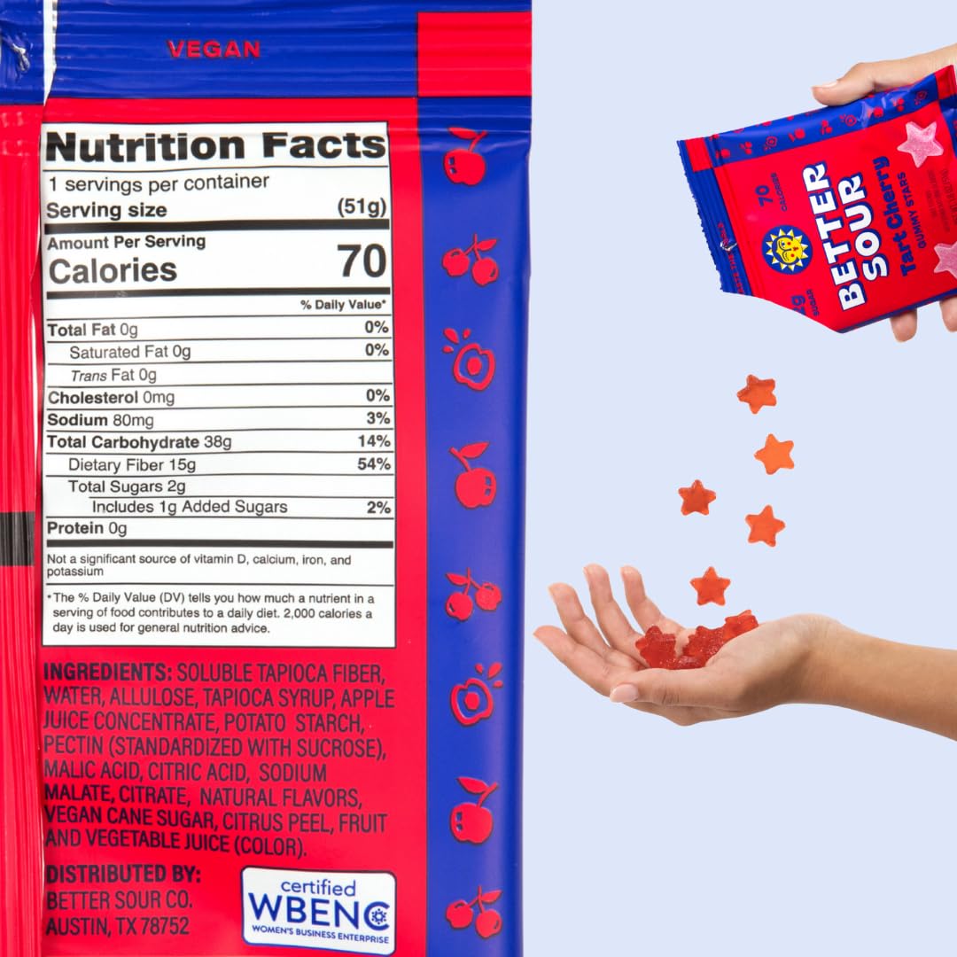 Better Sour star-shaped gummies with tart-cherry flavor for playful snacking.