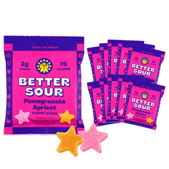 Better Sour Stars pomegranate apricot pack front showing low sugar candy appeal