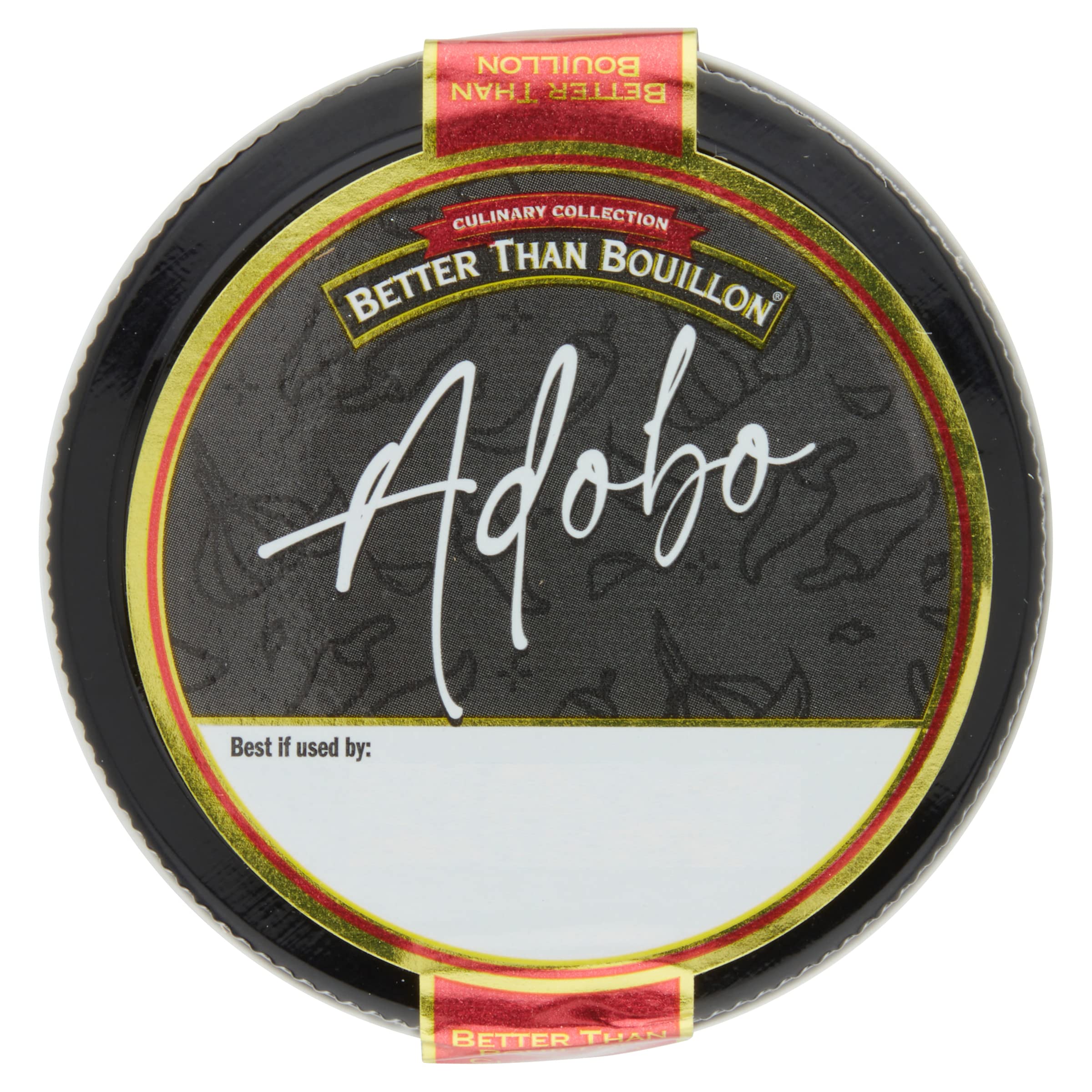 Better Than Bouillon Adobo Base glass jar on kitchen shelf.