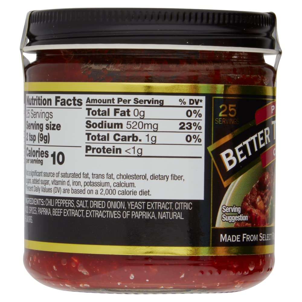 Better Than Bouillon Chili Base jar closeup shows rich, robust chili flavor