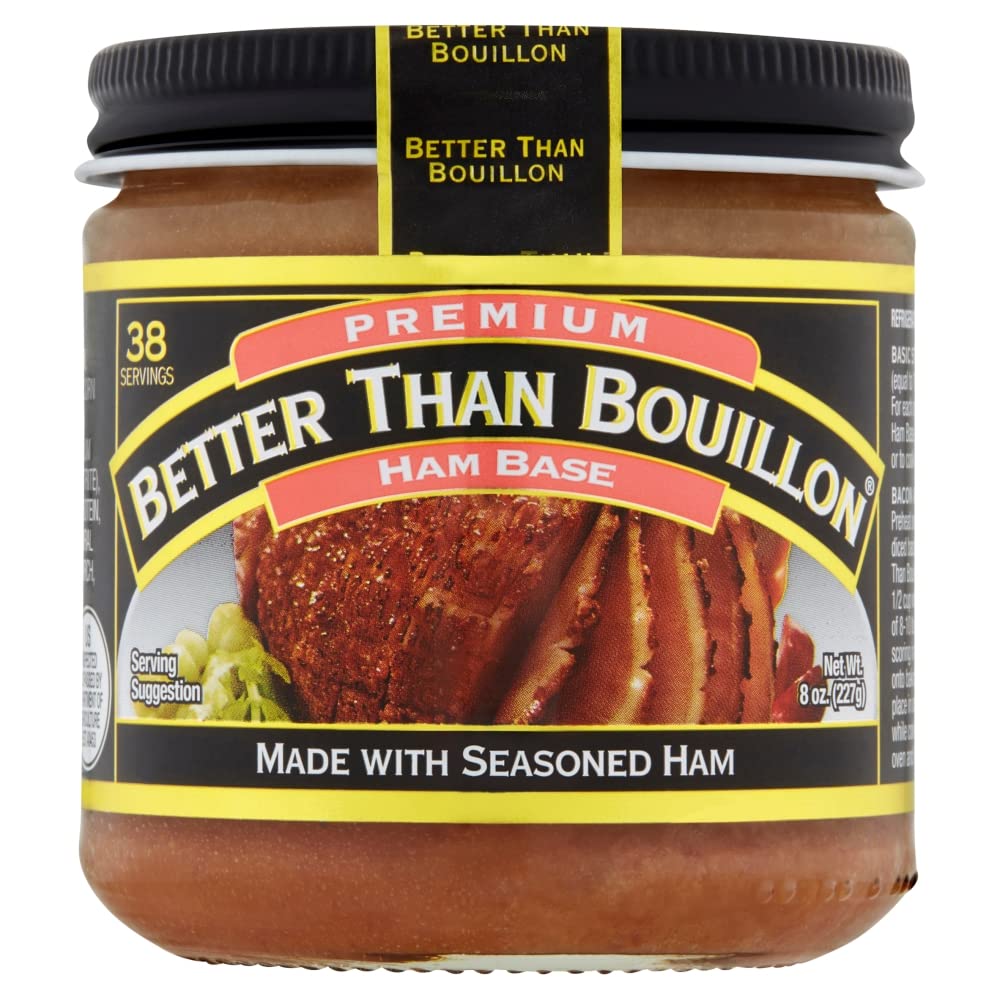 Better Than Bouillon Ham Base label close-up highlighting smoky flavor for soups.