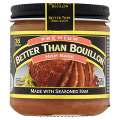 Better Than Bouillon Ham Base label close-up highlighting smoky flavor for soups.