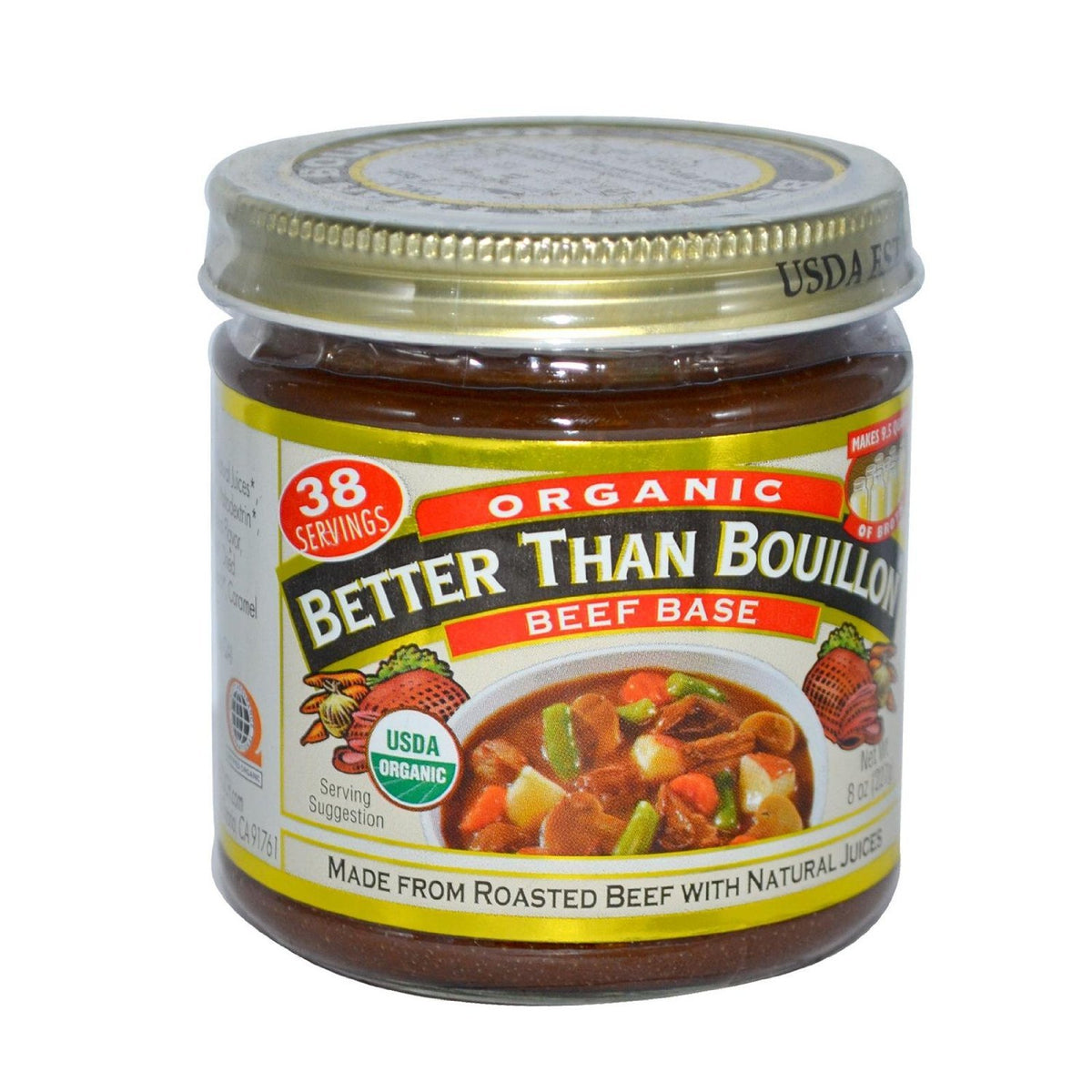 Better Than Bouillon Organic Roasted Beef Base jar highlights rich beef flavor for soups.