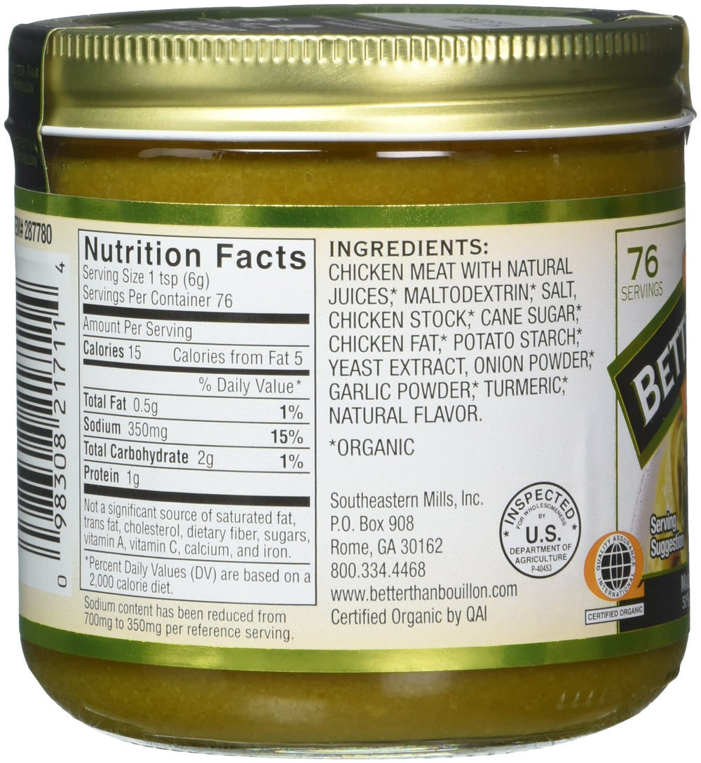 Packaging of Better Than Bouillon Organic Roasted Chicken Base on a kitchen shelf signals versatility