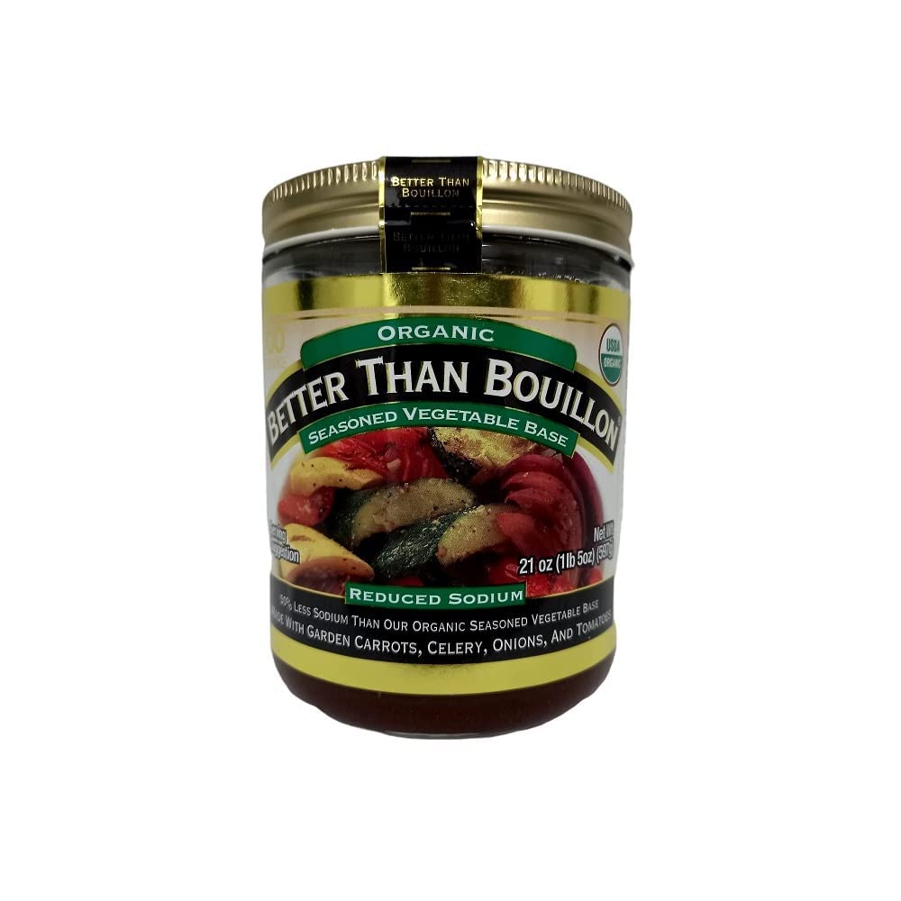 Better Than Bouillon Organic Vegetable Base jar enhances soups and vegetables with rich umami.