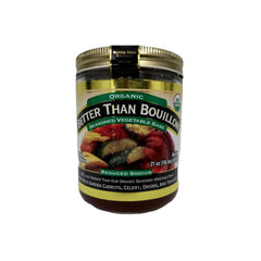 Better Than Bouillon Organic Vegetable Base jar enhances soups and vegetables with rich umami.