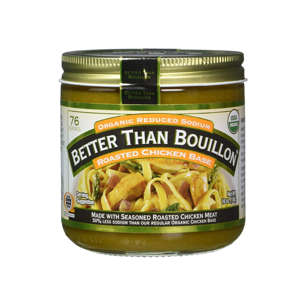 Better Than Bouillon base label close-up shows the sodium-reduced option for lighter meals.