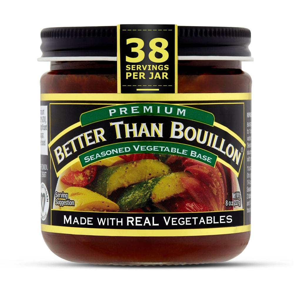 Better Than Bouillon Seasoned Vegetable Base bottle front shows a rich, ready-to-use broth.