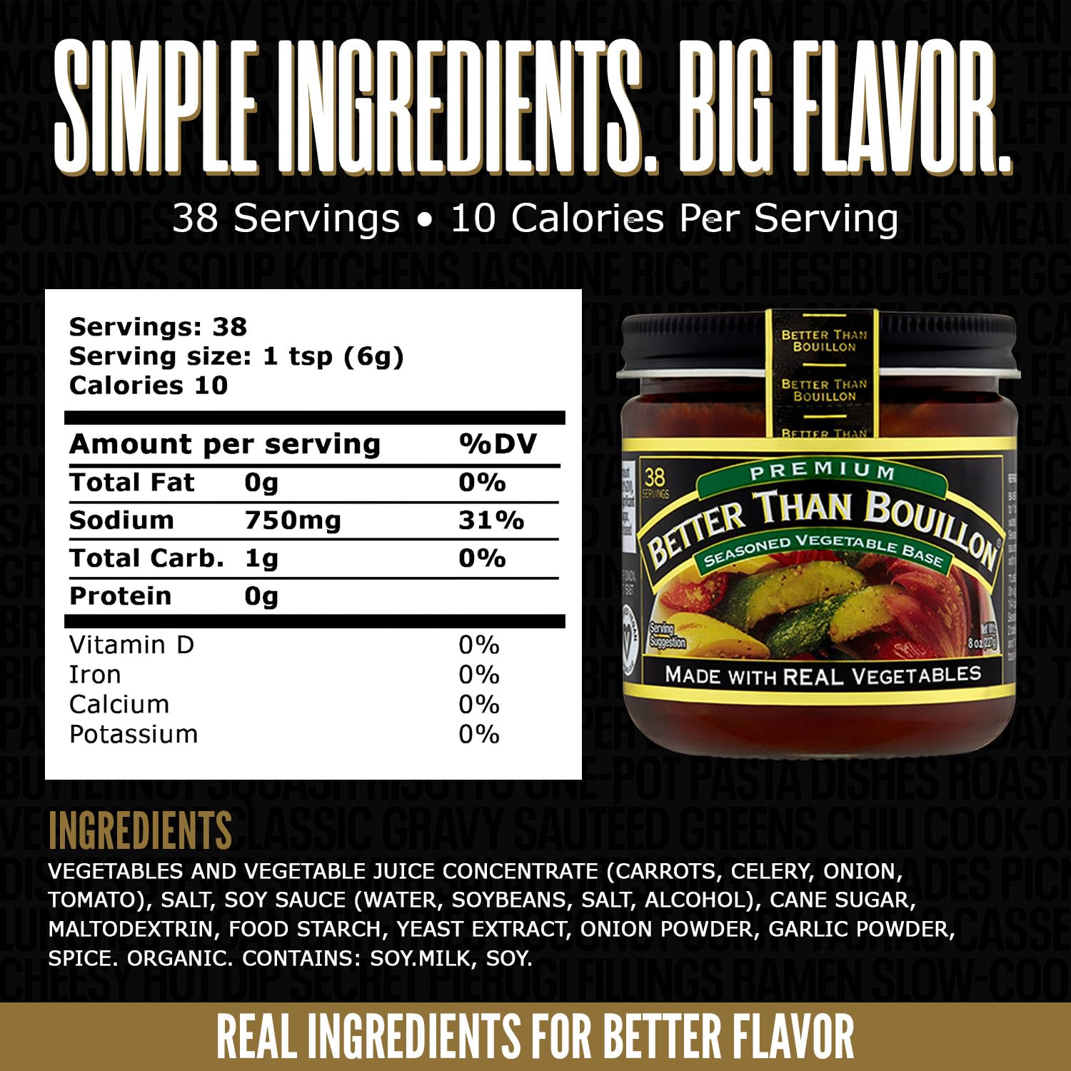 Better Than Bouillon Seasoned Vegetable Base ingredients highlight onions, celery, and carrots.