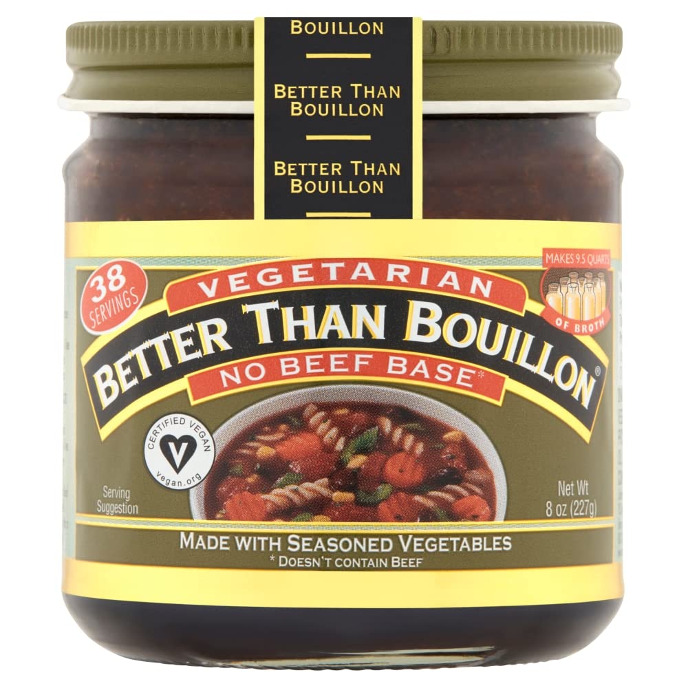 Broth-in-pot scene with Better Than Bouillon Vegetarian No Beef Base, rich aroma developing.