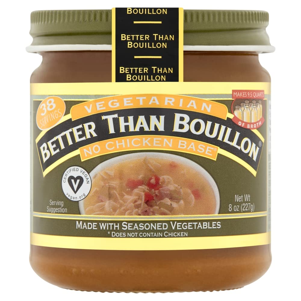 Better Than Bouillon Vegetarian No Chicken Base jar label emphasizes vegan flavor and convenient packaging
