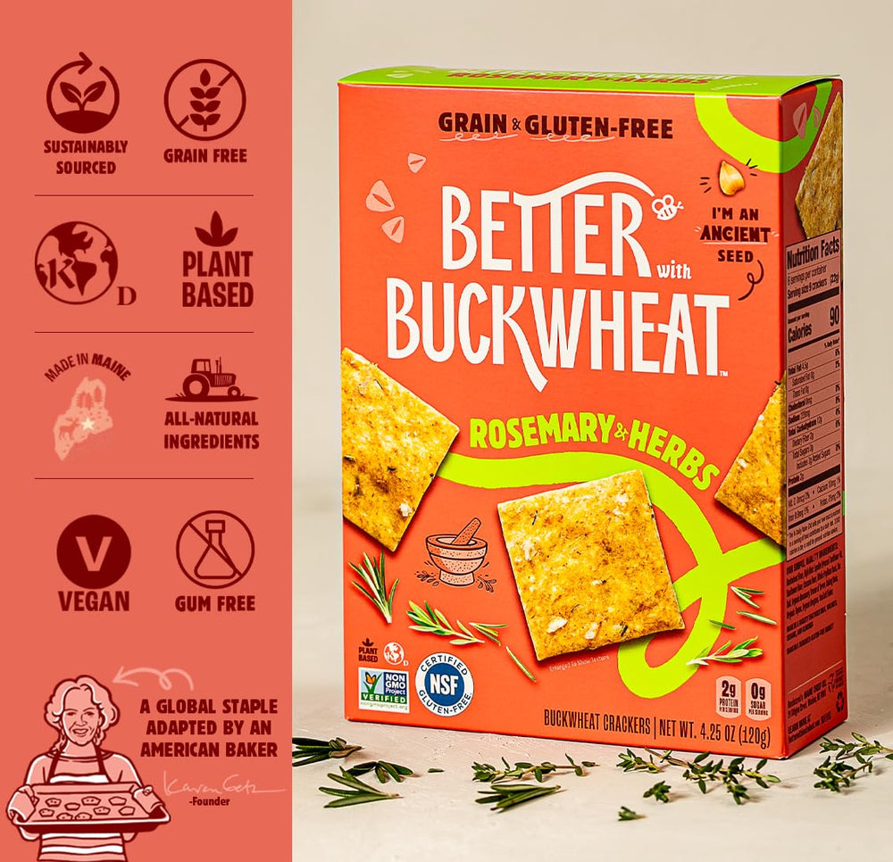 Better With Buckwheat crackers on a snack board with dips