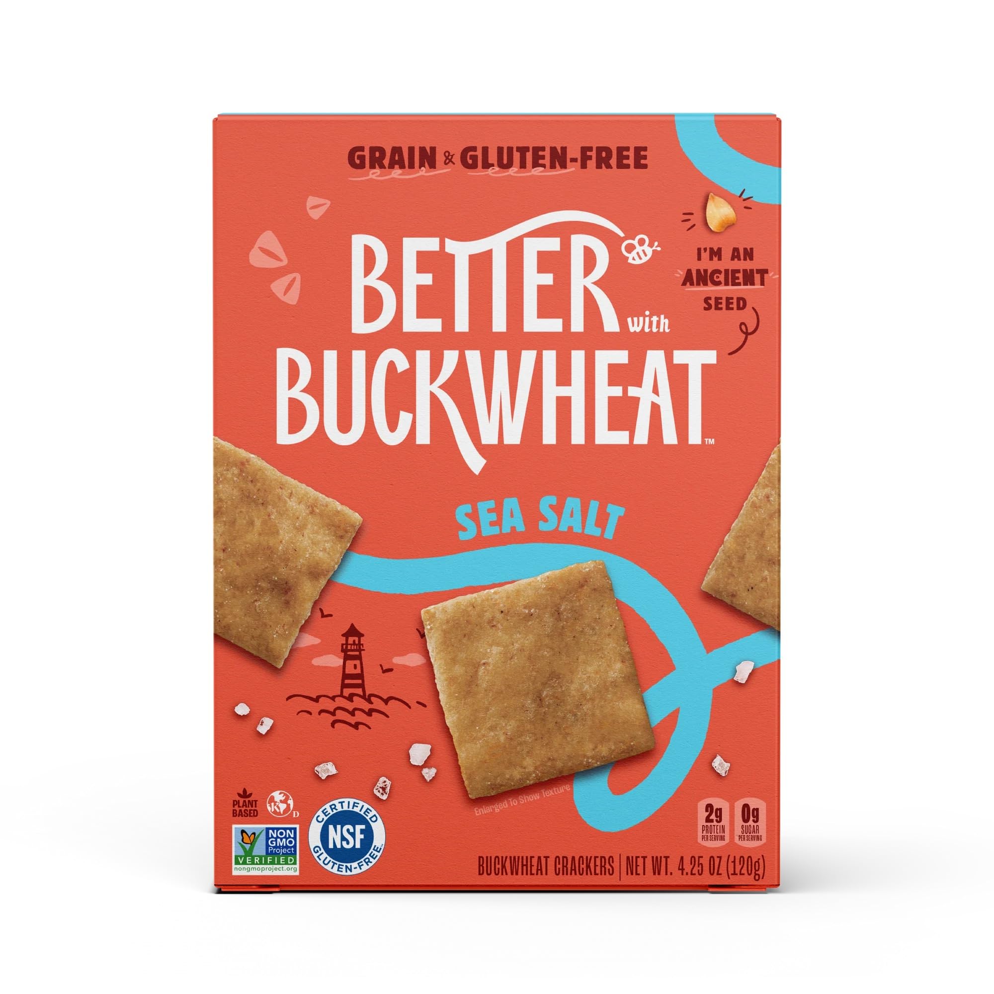 Better With Buckwheat Sea Salt Crackers on shelf, gluten-free and grain-free snack.