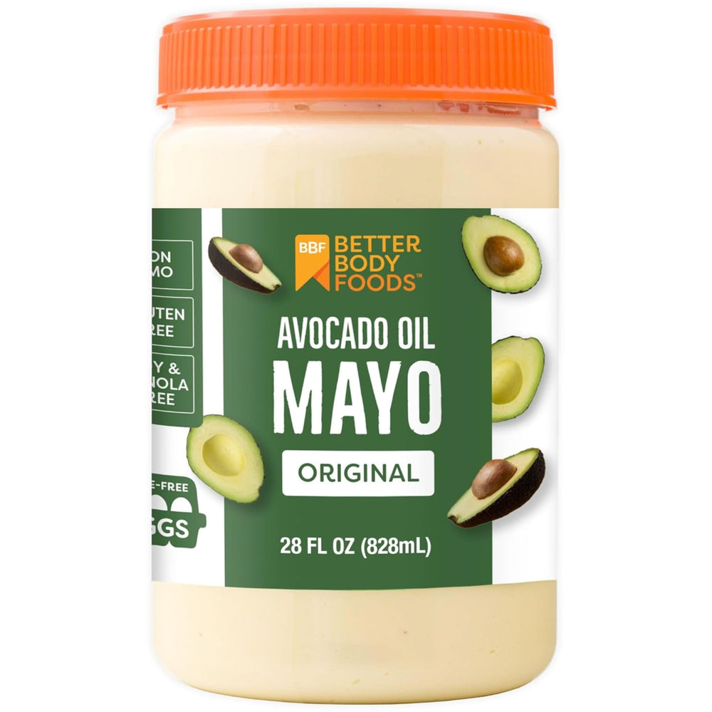 BetterBody Avocado Oil Mayo bottle pour, creamy and versatile for sandwiches.
