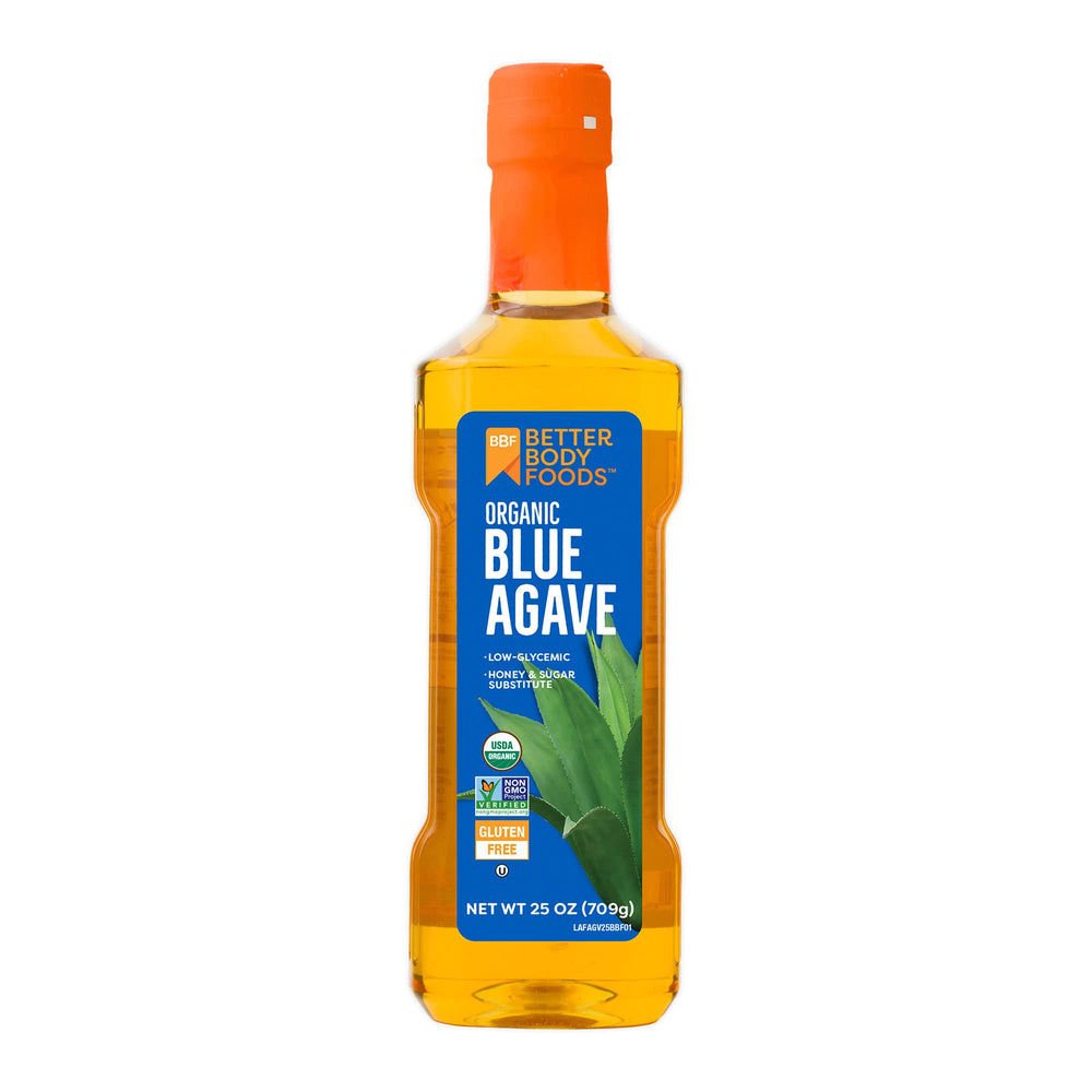BetterBody Foods Organic Blue Agave Nectar bottle pouring for beverages with low glycemic sweetness.