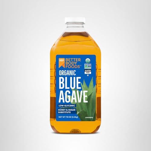 BetterBody Foods Organic Blue Agave label close-up, organic and low glycemic.