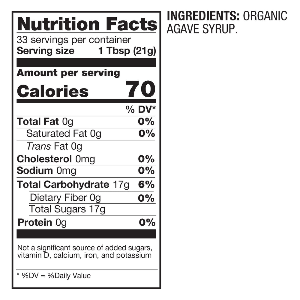 BetterBody Foods Organic Blue Agave Nectar label close-up showing organic, vegan, gluten-free features.