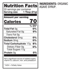 BetterBody Foods Organic Blue Agave Nectar label close-up showing organic, vegan, gluten-free features.