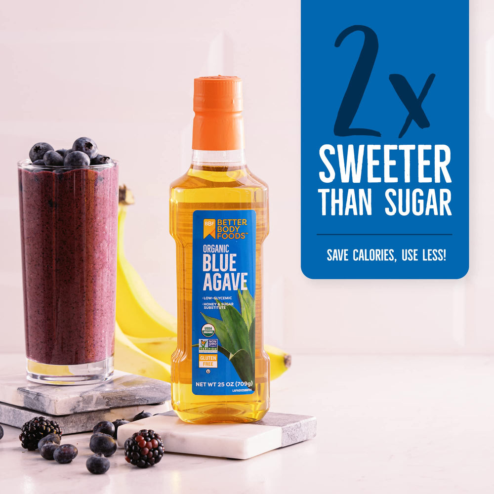 BetterBody Foods Organic Blue Agave Nectar drizzle over pancakes for baking.