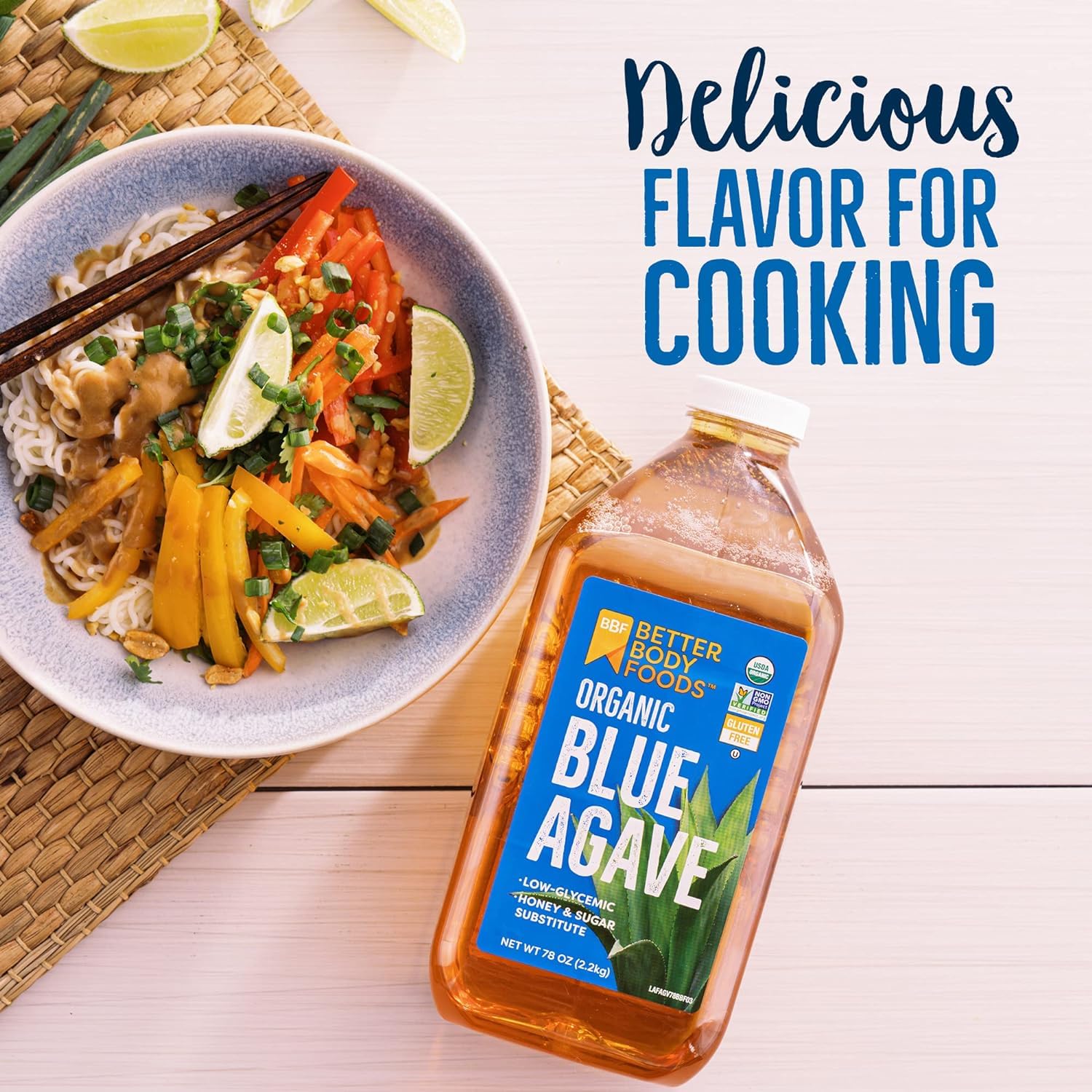 BetterBody Foods Blue Agave on pancakes, drizzle for a light sweetness.