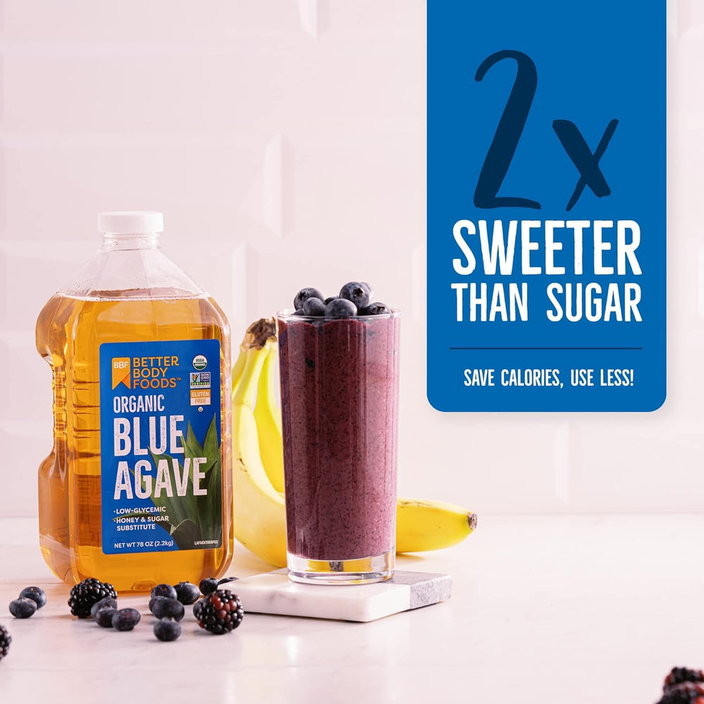 BetterBody Foods Blue Agave in smoothie, enhances taste with less sugar.