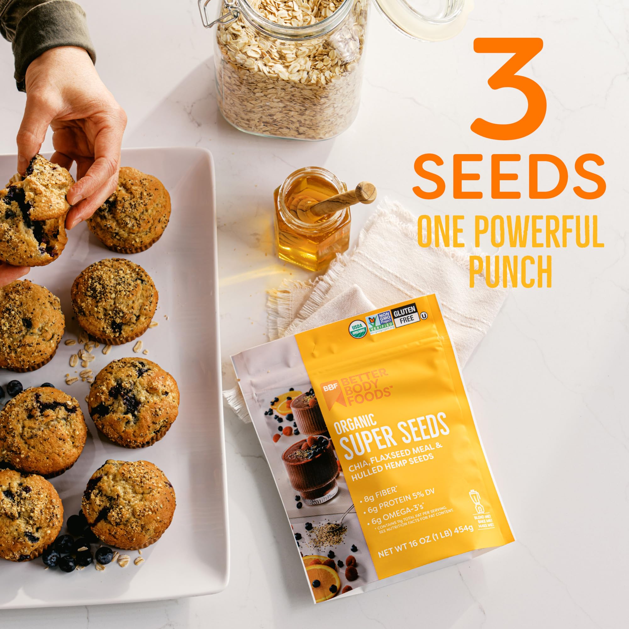Chia flax hemp seeds spread on oatmeal for a nutty boost.
