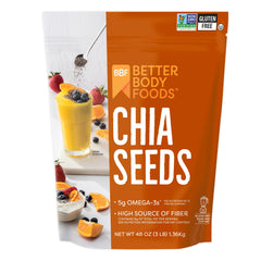 BetterBody Foods chia seeds bag front—gluten-free, fiber-rich topping for oats.