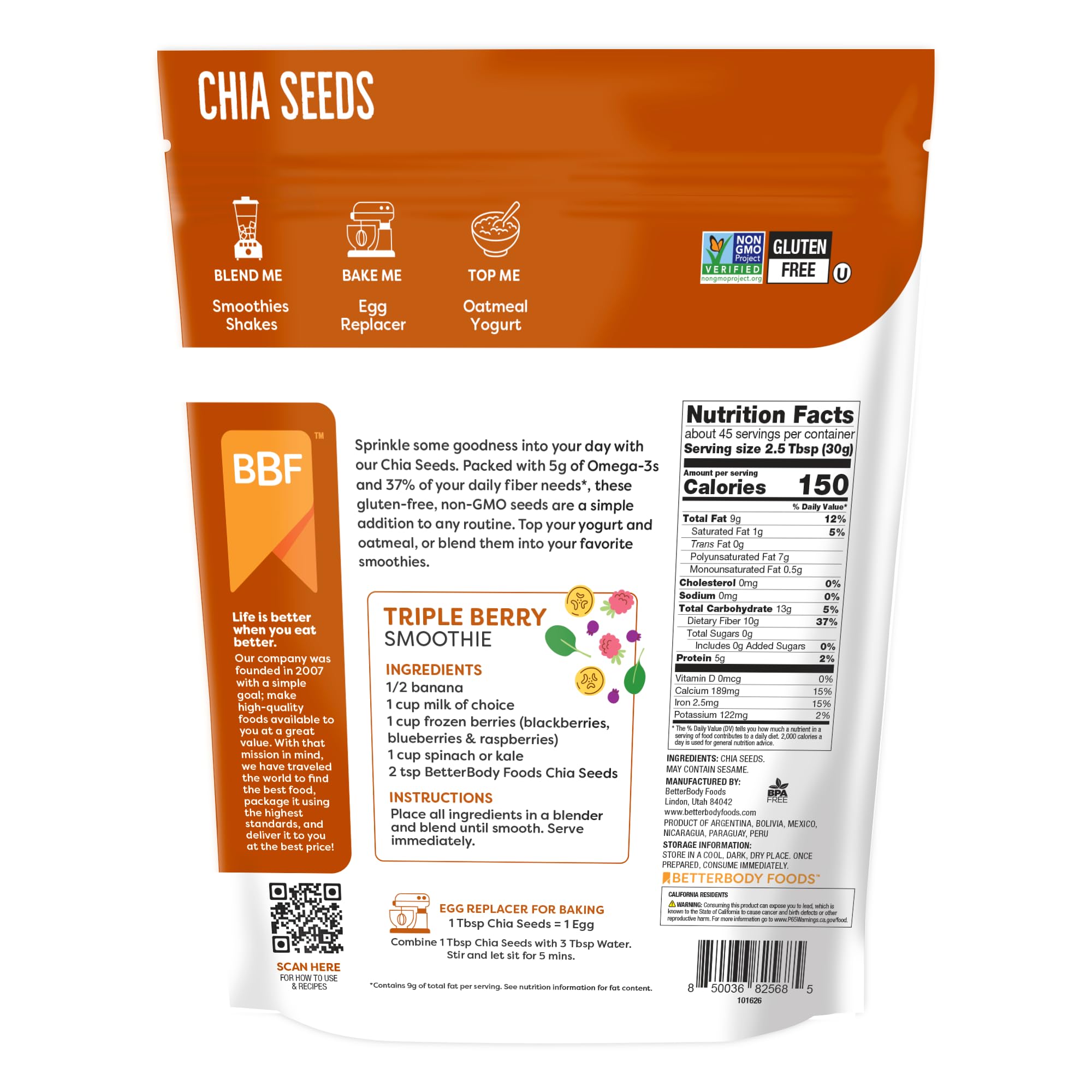 BetterBody Foods chia seeds bag—flavor-neutral texture for baking.