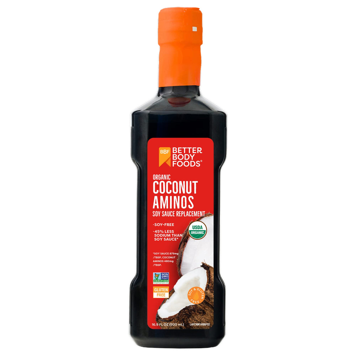 BetterBody Foods Coconut Aminos bottle pouring, a low-sodium alternative for cooking