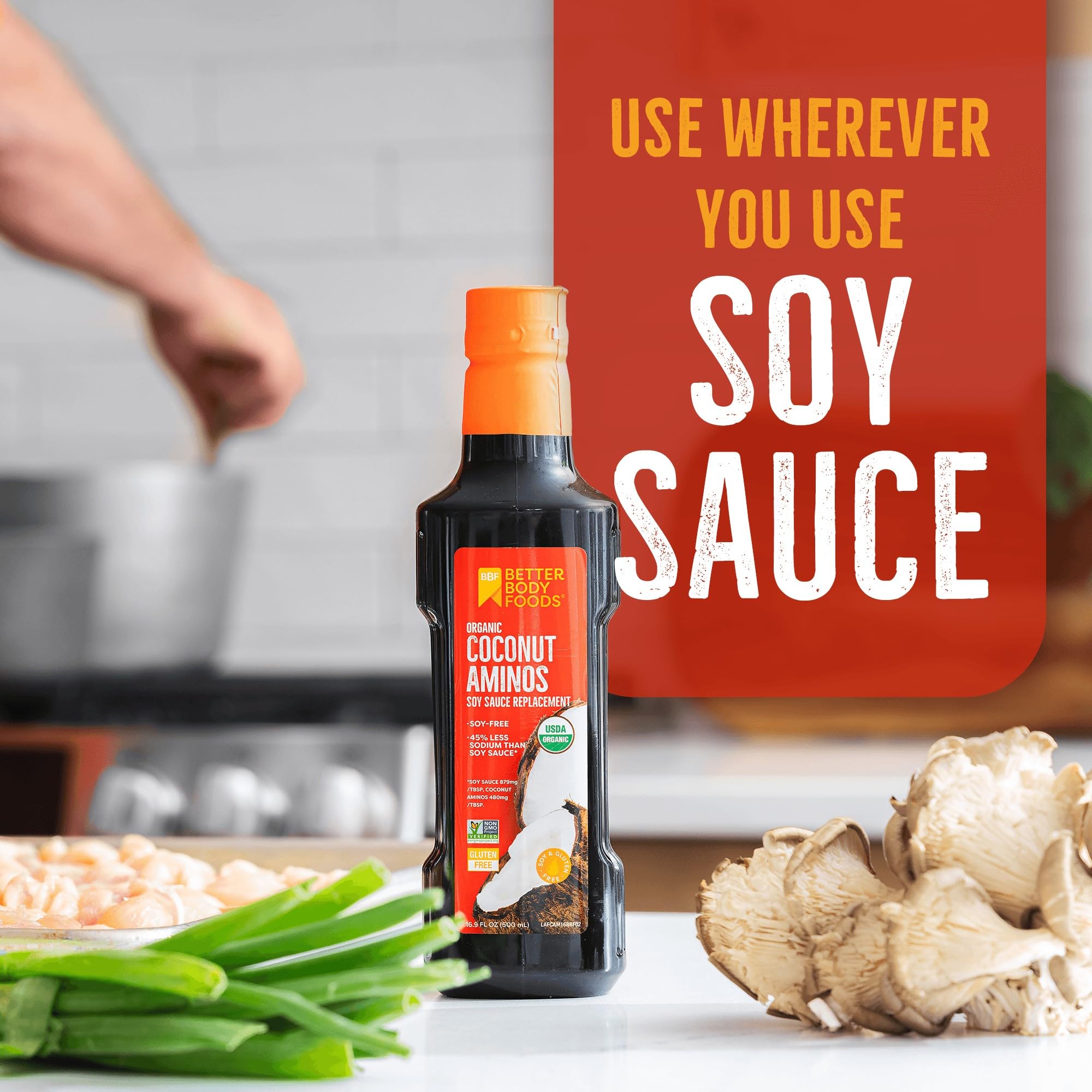 BetterBody Foods Coconut Aminos for stir-fry, offering rich flavor with lower sodium