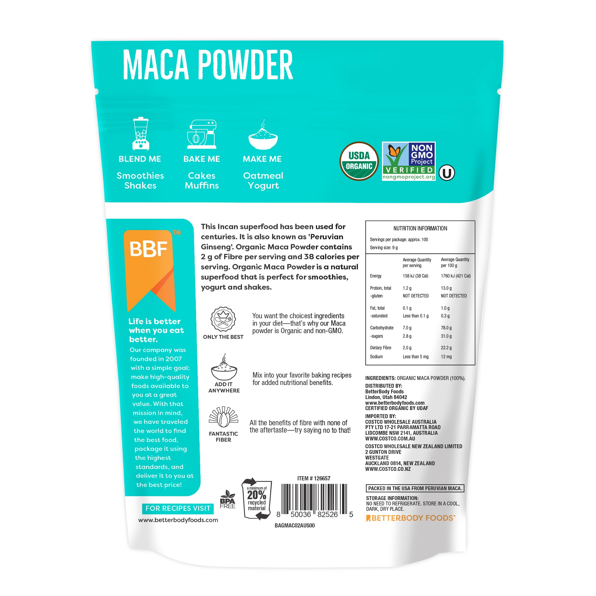 BetterBody Foods Maca powder nutrition panel highlights wellness-focused use