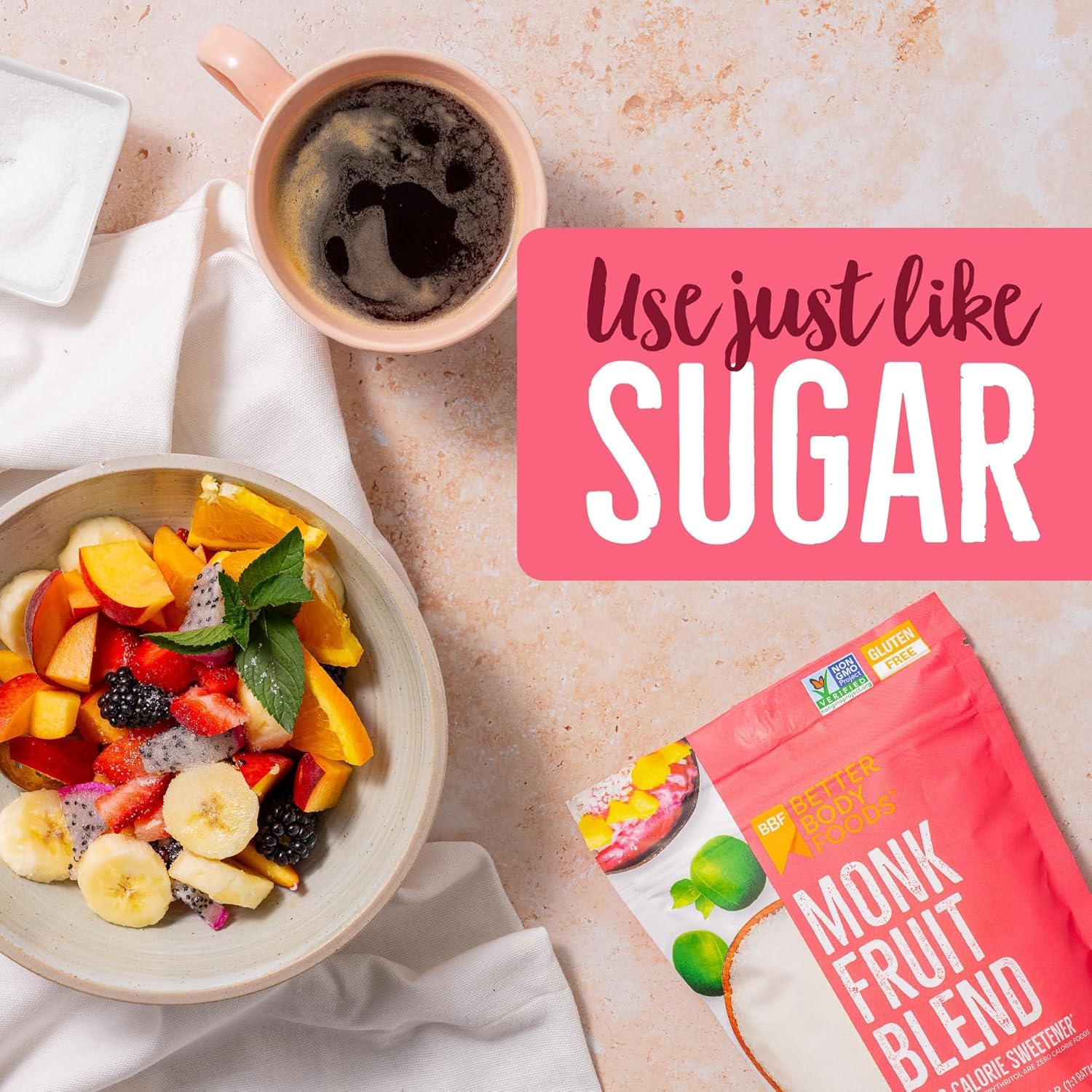 BetterBody Foods Monk Fruit Sweetener Blend 1 lb packaging for pantry storage.