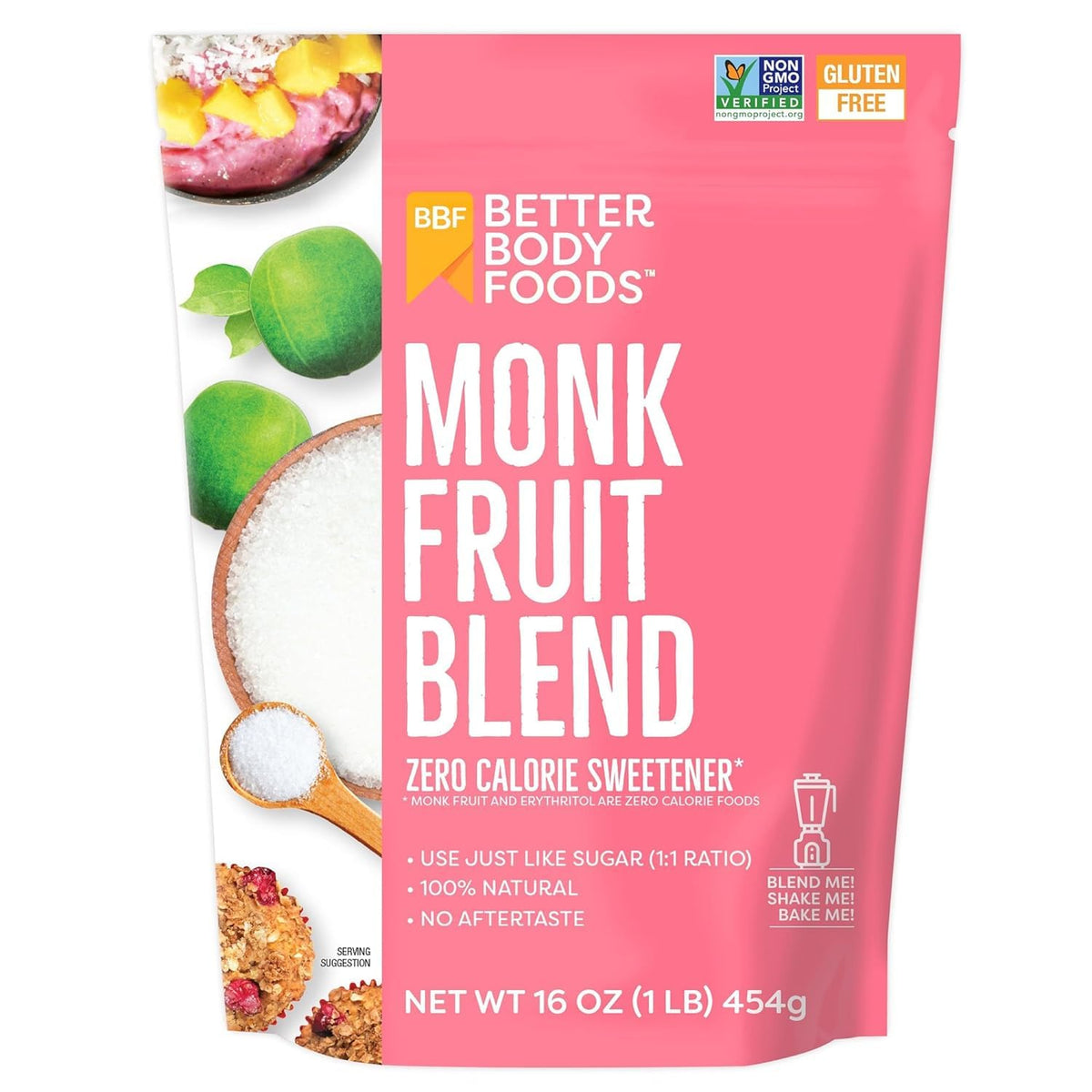 BetterBody Foods Monk Fruit Sweetener Blend bottle front, zero-calorie sugar substitute.