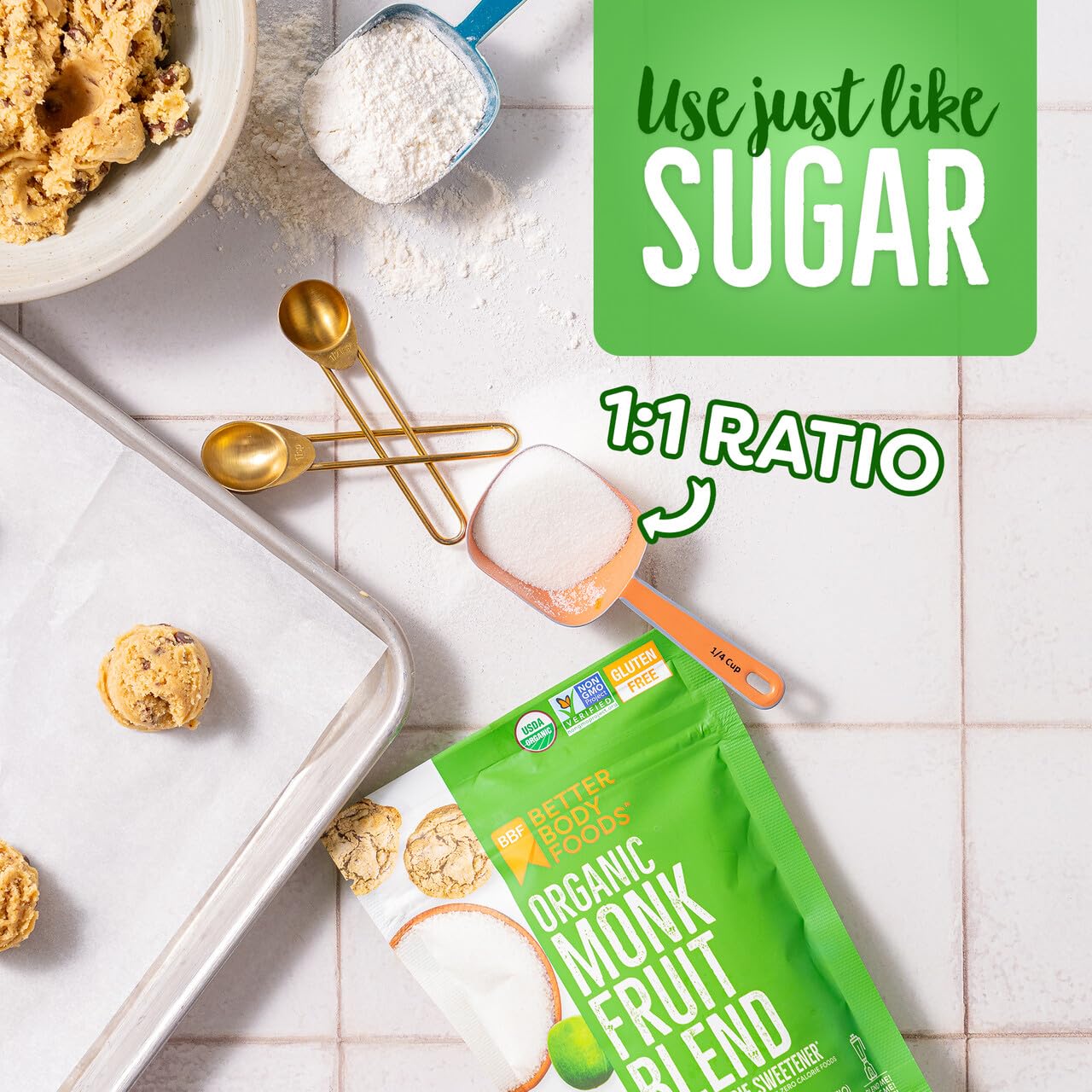 BetterBody Foods monk fruit sweetener in coffee scene with zero calories