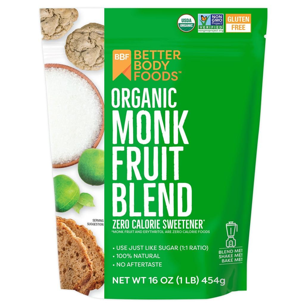 BetterBody Foods monk fruit sweetener jar on counter for zero-calorie sweetness