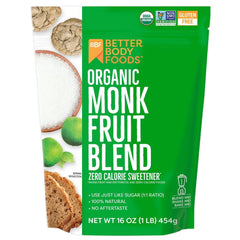 BetterBody Foods monk fruit sweetener jar on counter for zero-calorie sweetness